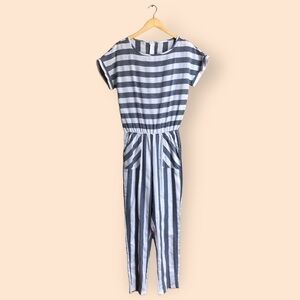 Beachy Boho Striped Jumpsuit Pantsuit White Grey One Piece Outfit Swim Cover Up